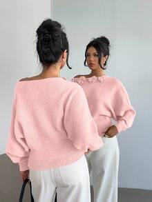 Elenzga Áo len chui đầu bất đối xứng thiết kế hoa đính đá thanh lịch dành cho nữ - Hồng - Xem 2