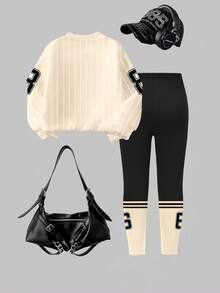 SHEIN 女孩休闲时尚创意公主风格返校数字 86 和字母图形印花运动衫和紧身裤套装，适合秋冬季 - 彩色 - 查看 2