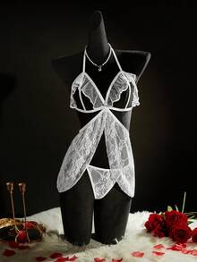 SpicyHot 2pcs Women's Sexy Lace Halter Nightgown Set - White - View 6