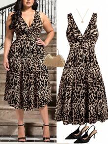 Rometta Plus Size Black V-Neck Waist Pleated Knit Dress - Multicolor - View 1
