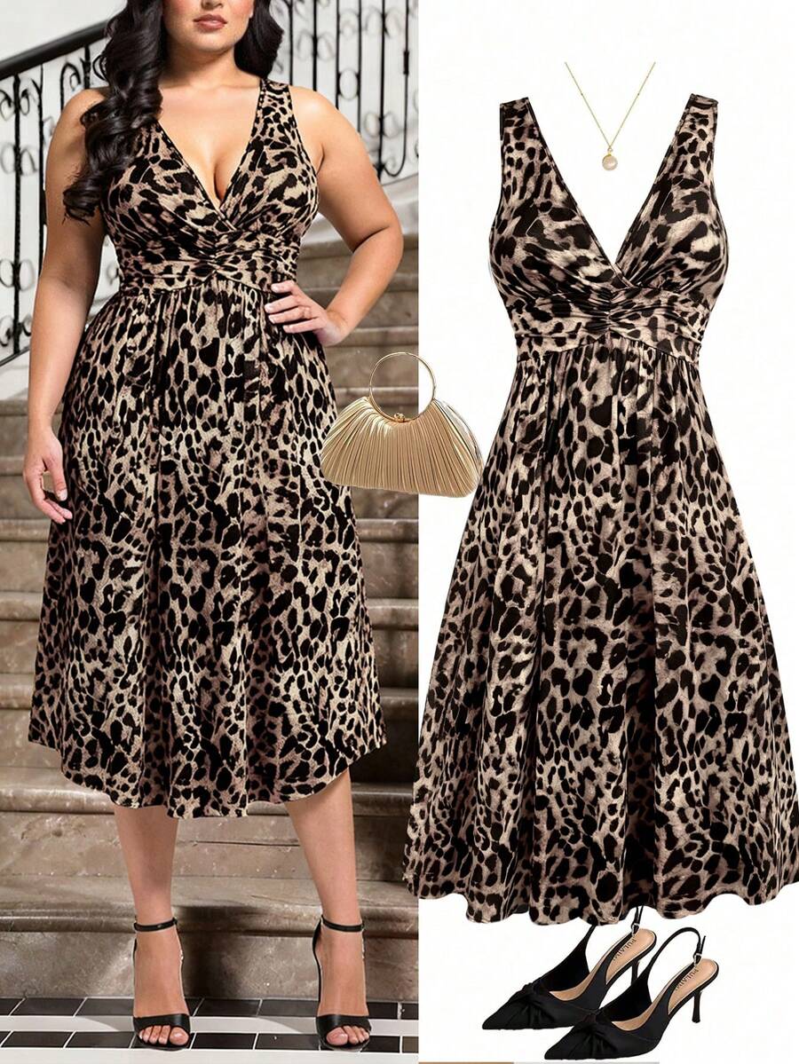 Rometta Plus Size Black V-Neck Waist Pleated Knit Dress - Multicolor - View 1