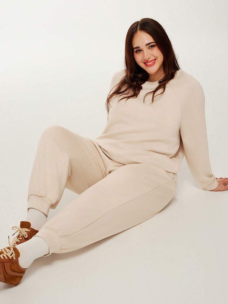 Conjunto de Pijama Básico de Moletom de Gola Redonda e Calça para Inverno Plus Size, Roupas Casuais e Confortáveis, Roupas Íntimas como Roupa Externa, Conjuntos de Loungewear Moda Casual e Confortável para Mulheres