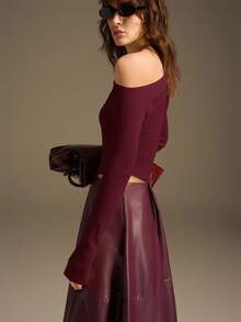 Ontre 女士纯色不对称肩部修身针织上衣，酒红色，适合工作、休闲、派对、情人节等多种场合