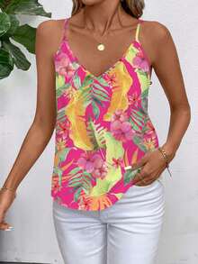 SHEIN Clasi 彩色香蕉叶印花女式背心，适合夏季 - 玫紅色 - 查看 5