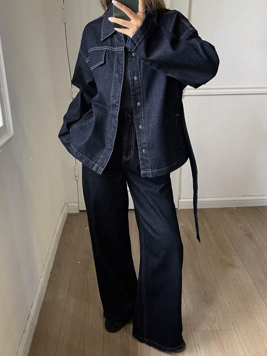 DAZY 女式休闲水洗仿口袋腰带衬衫和阔腿牛仔裤套装，秋季 - 藍色 - 查看 1