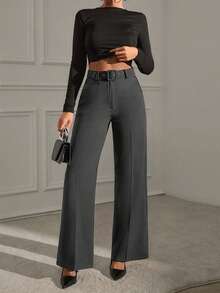 EURMUSE Women's Solid Belted Seam Suit Pants - Dark Grey - View 5