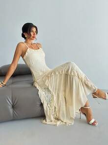 Firerie 女士纯色细肩带荷叶边下摆修身连衣裙，优雅时尚 - 杏色 - 查看 4