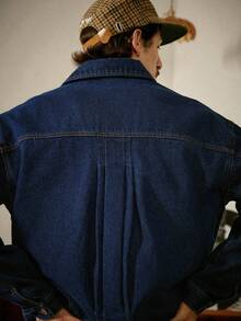 RivetRise 男士休闲做旧褶皱宽松蓝色牛仔长袖夹克，街头风超大口袋蓝色都市学院风工装夹克，男女皆宜 - 深色水洗藍 - 查看 5