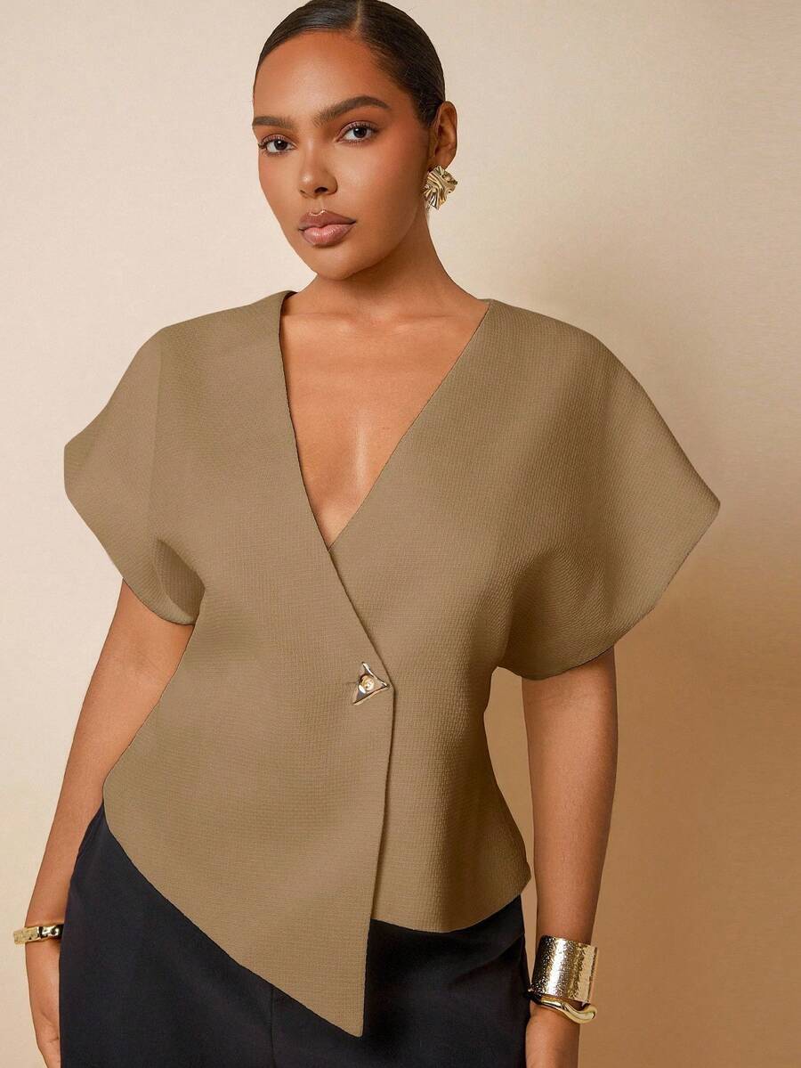 Hauture Elegant Sexy Office Commute Versatile Plus Size Women Top - Khaki - View 1