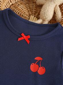 Young Girl' Navy Blue Ribbed Cherry Print Long Sleeve Top & Ribbed Pants Pajama Set - Navy Blue - View 6