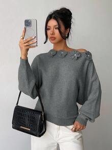 Elenzga Women's Elegant Floral Rhinestone Decor Asymmetric Shoulder Knit Sweater - Grey - View 3