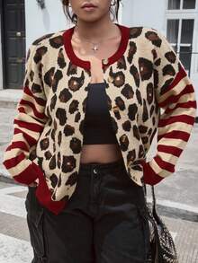 SHEIN EZwear 大码女式豹纹条纹拼布前扣开衫，秋冬休闲装 - 彩色 - 查看 3
