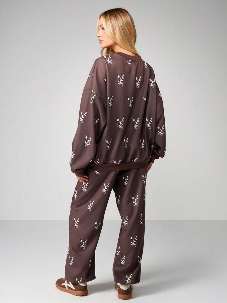 Missguided x Playboy Bunny Head Print Pullover Sweatshirt And Matching Joggers Two Piece Lounge Set For Women Fall Winter Casual Wear