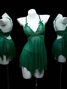 SHEIN 2件套浪漫蕾丝性感露背不对称女士睡袍 - 墨綠色 - 查看 6
