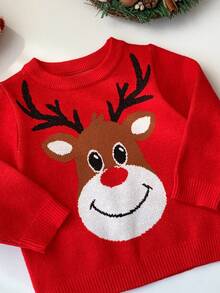 SHEIN 1pc Baby Boys/Girls Casual Loose Fit Crew Neck Long Sleeve Sweater, Suitable For Outings, School, Garden, Beach, Birthday, Baby Shower Party, Autumn/Winter - Red - View 4