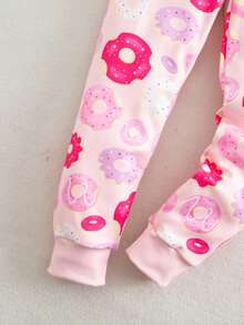 Young Girl' Minimalist Cute Pink Donut Print Long Sleeve Jumpsuit Loungewear