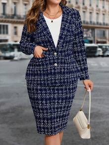 SHEIN Clasi 大码黑白格子优雅修身商务裙套装女式西装外套裙套装女士办公室套装，商务休闲女式两件套服装，女式裙套装，西装外套裙套装，女士办公室套装，女士西装，秋冬商务休闲女式两件套服装 - 藏蓝色 - 查看 6