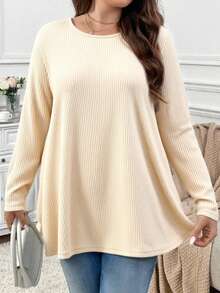Firerie Plus Size Women's Solid Color Round Neck Long Sleeve Ribbed Casual Loose T-Shirt - Apricot - View 2