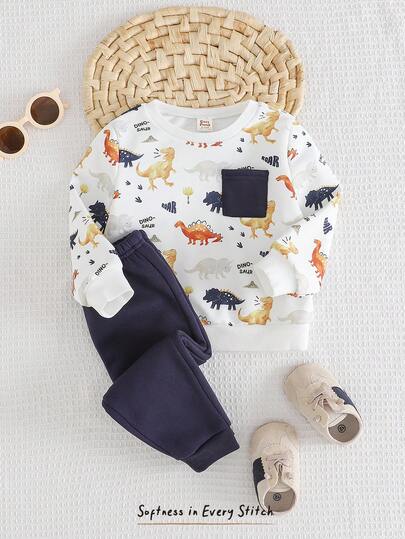 Cozy Pixies 2件套男婴卡通恐龙图案针织保暖内衬柔软圆领长袖卫衣和松紧腰裤套装，适合冬季宝宝秋冬季节穿着。恐龙印花婴儿套装，男婴长袖套装，新生儿男婴长裤休闲套装，2件套新生儿男婴套装，长袖长裤，男婴秋冬季节恐龙套装