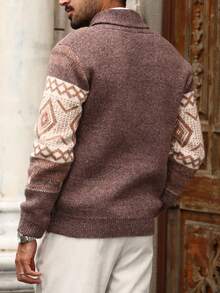 Manfinity Bizformal كارديجان رجالي بنمط هندسي مجرد، ملابس علوية علوية فضفاضة عصرية بأزرار، كنزة صوفية صوفية رجالية، خريف/شتاء - متعدد الألوان - مشاهدة 2