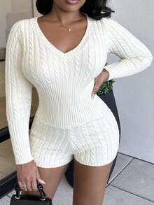 Alexandranx 秋冬女士纯色V领长袖简约休闲毛衣连体裤 - 米色 - 查看 5