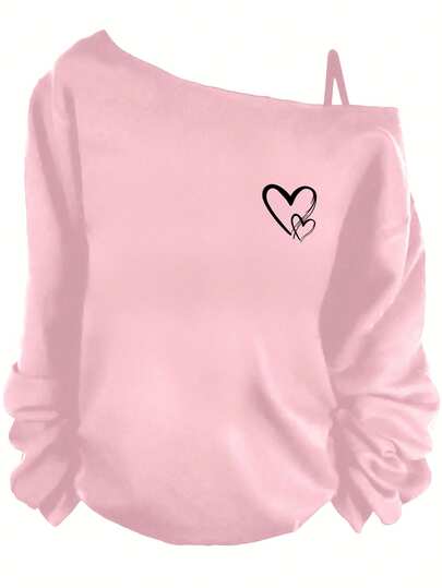 SHEIN LUNE 女士休闲简约风白色双心图案落肩长袖T恤，适合秋冬季节穿着，休闲百搭。