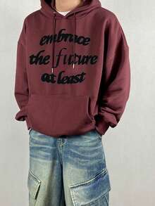 DAZY Men's Hoodie With Letter Print Design, Burgundy & Berry Color, Thermal Lined, Autumn/Winter - Burgundy - View 6