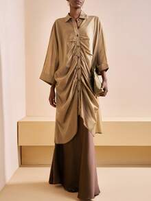 Zivah 2025 年秋季新款音乐节、复活节、圣帕特里克节、西部风、游牧风、生日派对、毕业季、学院风、学生装、日常休闲、百搭百搭、休闲、度假、邮轮旅行、海滩、日光浴、网络红人、街头潮流、婚礼宾客波西米亚风、通勤、早午餐、机场、派对和节日服装、棕色长款褶皱宽松长袖连衣裙，采用透明纹理面料 - 棕色 - 查看 5