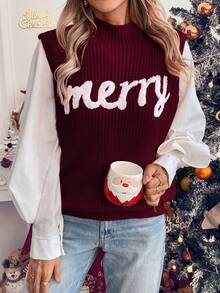 LanaWest 红色无袖字母刺绣毛衣背心女新年衣服 - 酒紅色 - 查看 5
