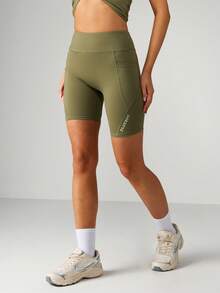Missguided x Playboy High-Waisted Cycling Shorts With Logo Branding Athletic Bermuda Style Mid-Thigh Length Performance - Army Green - View 1