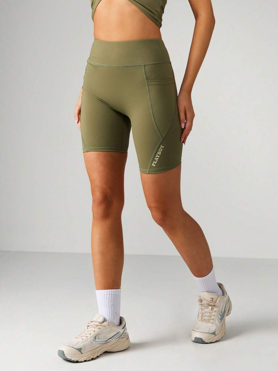 Missguided x Playboy High-Waisted Cycling Shorts With Logo Branding Athletic Bermuda Style Mid-Thigh Length Performance - Army Green - View 1