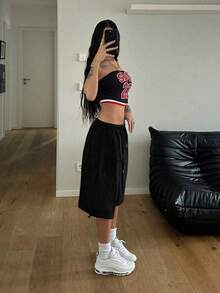 StreetHx Shorts cargo casuales de mujer de unicolor de primavera con cintura con cordón - Negro - Ver 3