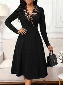 SHEIN Lady Women's Fashionable Elegant Leopard Print Patchwork Collar Mid-Length Dress - Multicolor - View 7