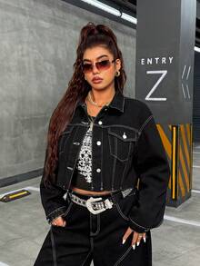 SHEIN Unity Plus Size Fashionable Short Drop Shoulder Long Sleeve Versatile Denim Jacket - Black - View 3