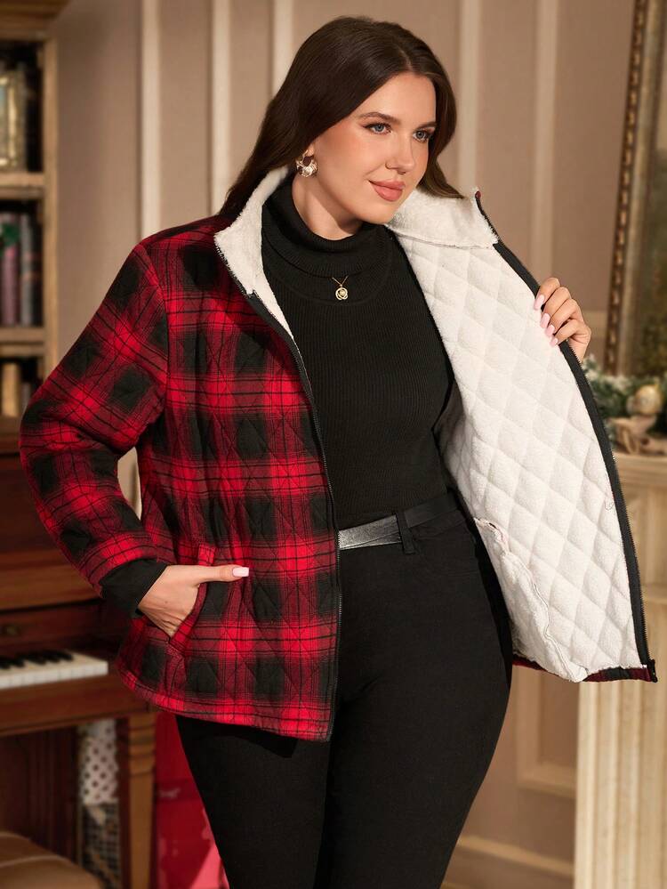 Plus Size Women Plaid Thermal Lined Zip-Up Padded Coat, Warm For Autumn Winter Christmas New Year Elegant Women Stylish Collection Quilted Coat Women Plaid Thermal Lined Winter Coat With Pockets