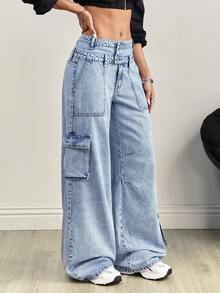 SHEIN Tall Women's Casual Versatile Patchwork Double Waistband Cargo Jeans
