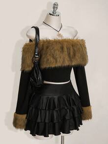 SHEIN ICON 大码女式 Y2K 性感 PU 蛋糕裙 - 黑色 - 查看 4