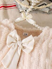 SHEIN Toddler Girls' Cute Apricot Bow Plush Long Sleeve Comfortable Autumn/Winter Jacket Baby Girl Cardigan