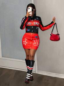 Slaydiva 2025 Winter, New Style, New Year, Valentine's Day, Party, Evening Gathering, Date, Gathering, Birthday Party, Preppy Style, Student Wear, Everyday Outing, Basic Versatile, Casual, Cruise Travel, Influencer Hot Style, Elegant, Commuter, Business Casual, Sexy Club, Y2K, Punk Racing, Girly Cool Motorcycle Style, Small Stand Collar Long Sleeve Letter Print Jacket + Tank Top + Mini Skirt, Winter Set, Christmas Set, New Year Set, Women's Three-Piece Set