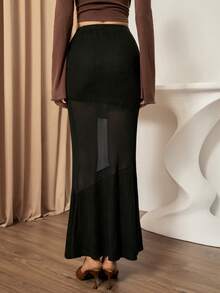 Bluhae 优雅性感女式半身裙，罗纹拉绒和网眼拼接，适合婚礼、派对、约会之夜、办公室通勤、秋冬 - 黑色 - 查看 2