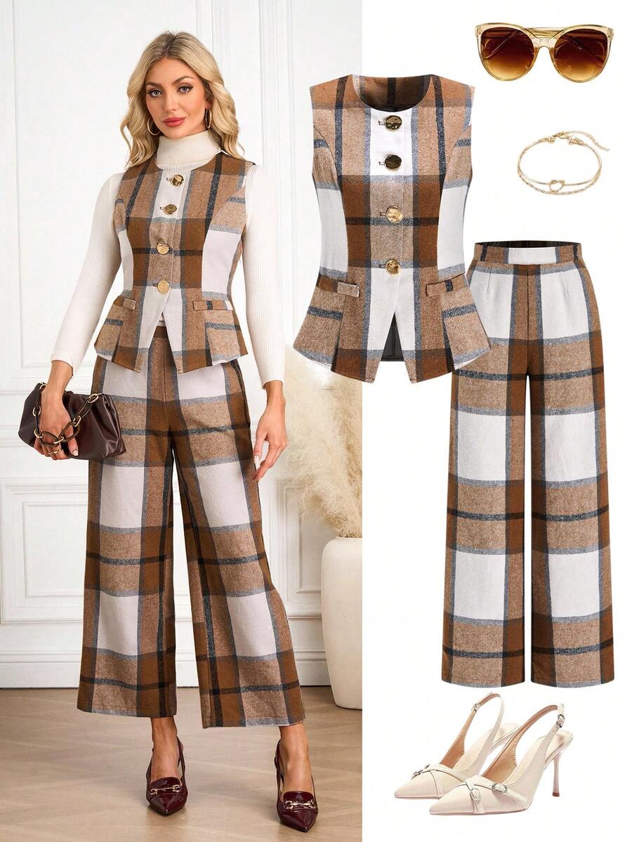 Ellevyn Sleeveless Top And Pants Minimalist Commuter Elegant Linen-Feel 2-Piece Set Plaid Two Piece Set Two Piece Sets Woman Classy,Elegant Women's Set - Brown - View 1