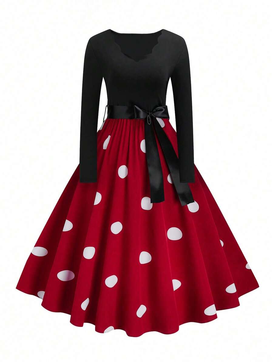 SHEIN Clasi Plus Size Women V-Neck Long Sleeve Polka Dot Printed Elegant Dress For New Year Clothes Maxi Women Outfit