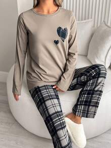 EURMUSE 棉质 2 件格子赫拉特印花长袖衬衫和格子印花长裤休闲套装 - 米色 - 查看 3