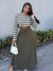 Alexandranx Solid High Waist Maxi Skirt - Army Green - View 1