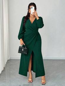 Elenzga 大码女式优雅 V 领长袖裹身开衩修身长裙，适合宴会、派对、婚礼宾客，春/秋/冬 - 墨綠色 - 查看 5