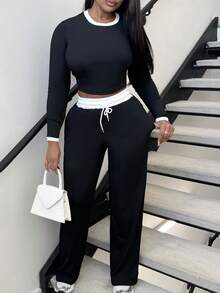 Alexandranx 2 件女式秋季撞色修身长袖上衣和裤子套装 - 黑與白 - 查看 4