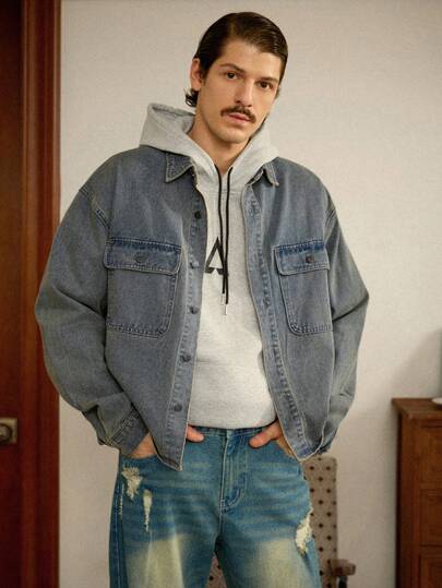 RivetRise Men's Casual Denim Jacket With Single-Breasted Pocket Design, Autumn Slim-Fit Vintage Washed Grey Going Out Work Washed Denim Coat For