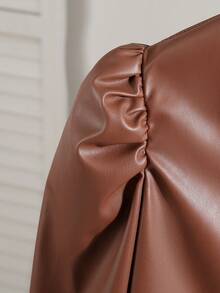Tween Girl Casual PU Leather Zip-Up Round Neck Puff Sleeve Jacket, Autumn - Brown - View 5