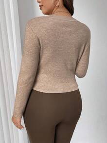 EMERY ROSE Suéter de cuello redondo de manga larga, elegante y ajustado, de unicolor, talla grande - Caqui - Ver 2