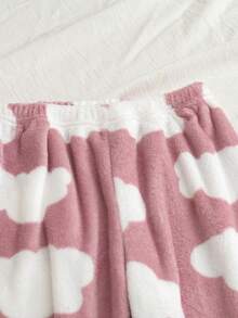 2 件套女童秋冬法兰绒抓绒云朵印花休闲宽松长袖上衣和裤子家居服套装 - 粉色 - 查看 3